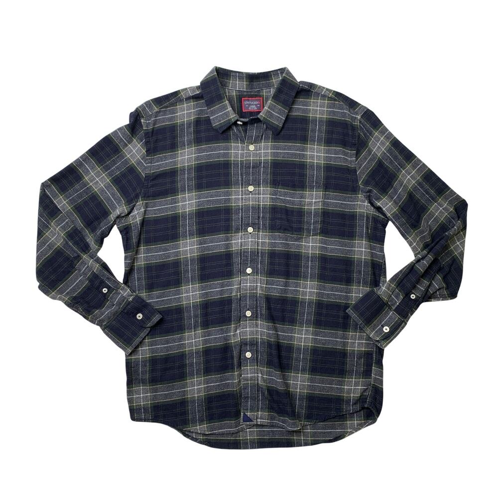 Untuckit Shirt Mens L Large Navy Gray Cotton Light Flannel Plaid Long Sleeve